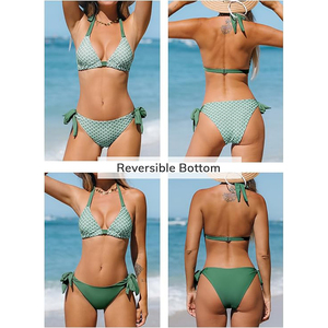 Bikini de Dos Piezas con Estampado Floral Verde para Mujer, Top Triangular Sexy con Cuello Halter, Lazos Laterales, Acolchado, Traje de Baño para Playa - Product Image 5