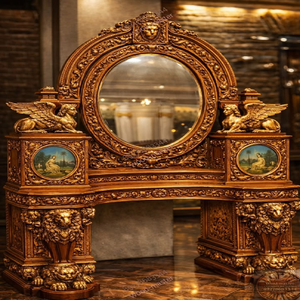 Cream vintage-style carved wooden vanity <b>table</b> with mirror and tufted stool, available at wholesale prices. - Product Image 5