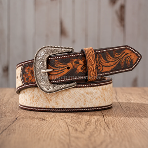 Ceinture Western en Cuir Florale Façonnée à la Main avec Boucle en Argent Gravée Style Vintage – Vente en Gros Usine, Haute Qualité - Product Image 3