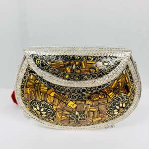 Luxury Modern Antique Polished Handmade Evening Party <b>Purse</b> <b>Yellow</b> Beaded Mosaic Sculpture Clutch Bag Gold-Plated Aluminium - Product Image 6