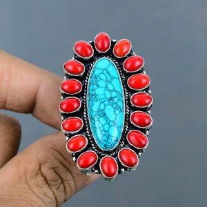 Wholesale Handmade 925 Sterling Silver Blue Turquoise and Red Coral Cluster <b>Ring</b> Opaque Gemstone <b>Statement</b> <b>Rings</b> For Women Bulk - Product Image 1