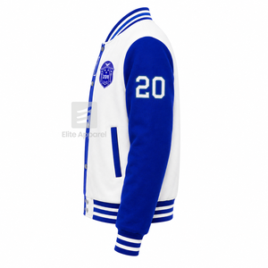 Chaqueta universitaria personalizada de la hermandad Zeta Phi Beta, azul y blanca, de manga larga, con botones en la parte delantera, cuello con ribete, logotipo bordado, de algodón. - Product Image 4