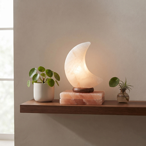 Lampe de sel de l'Himalaya faite à la main avec un design en forme de lune, cristaux roses naturels, support en bois décoratif et éclairage doux pour boutique de cadeaux - Product Image 5