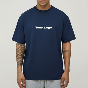 Camiseta de cuello redondo para hombre, estilo OEM nuevo, de alta calidad, con logotipo bordado personalizado, color azul marino sólido, ecológica, transpirable y de corte holgado. - Product Image 1