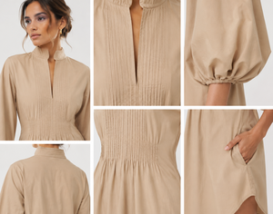 Robe Tunique Chic à Col Montant et Taille Smockée pour Femme, Manches Longues, 100% Coton, Mini-Robe Courte, Taille Naturelle, Style Moderne pour le Bureau - Product Image 2