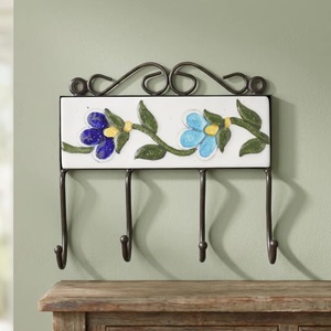 Porte-manteau mural rustique en métal avec motif floral en carreaux de céramique, 4 crochets pour le rangement des vêtements - Product Image 5