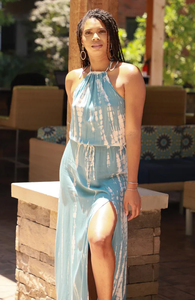 Bohemian Blue <b>White</b> Tie Dye <b>Maxi</b> Dress Backless Halter Neck Summer Vacation Resort Wear for Women - Product Image 4