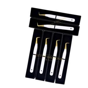 90 Degree <b>Boot</b> Precision Stainless Steel Anti-Static 10mm Smooth Tip white with Gold Tip Eyelash Tweezers Set Logo <b>Box</b> - Product Image 1