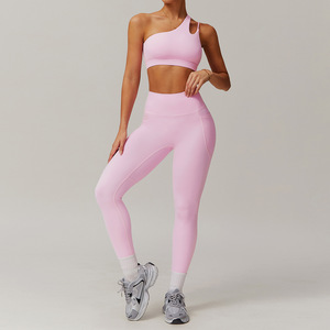 Conjunto de Yoga Asimétrico de Un Hombro, Leggings de Cintura Alta y Largo Completo, Sin Costuras, 2 Piezas, Color Negro Sólido, Spandex y Poliéster, Ropa Deportiva - Product Image 5