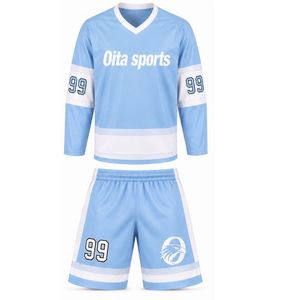 Men Light Blue Sublimated Ice Hockey Set Jersey Shorts Polyester Striped <b>Athletic</b> Sports Uniform Match Wear Apparel - Product Image 1