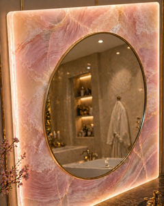 Espejo de Pared Cuadrado de Cuarzo Rosa, Decoración de Baño de Piedra Rosa de Lujo, Espejo de Vanidad Moderno para un Interior de Hogar Elegante - Product Image 4