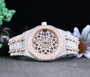 Montre squelette de luxe sertie de diamants – Cadran or rose, montre-bracelet pour homme en acier inoxydable style hip-hop - Product Image 1