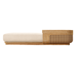 Chaise longue-lit en bois de teck à panneau bas avec tressage moderne, lit de jour extérieur, style minimaliste, mobilier de plage et de piscine, personnalisable - Product Image 4