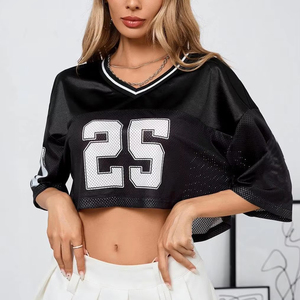 Design Your Own Crop <b>Tops</b> Short Sleeve Football Jersey V Neck Crop <b>Top</b> T-Shirt for Women Sportswear - Product Image 2