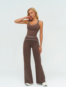 Women Brown Contrast Stitch Yoga <b>Jumpsuit</b> Spaghetti Strap U-NECK Plus Size High Support Seamless Breathable Four-Way Stretch - Product Image 4