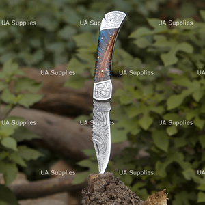 Pine Cone Handle OEM ODM Customizable Hand Engraved Damascus Steel Folding Knife with Leather Pouch Wholesale Factory Direct - Product Image 2