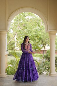 Purple Embroidered Rayon <b>Kurta</b> Gown Floor-Length Loose Fit Traditional <b>Indian</b> Pakistani Women's Wedding Wear All Seasons - Product Image 2