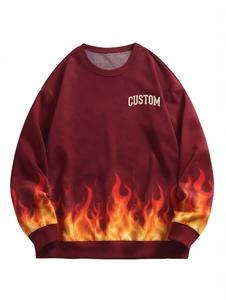 Unisex Maroon Crew Neck Sweatshirt Oversized Fit Rhinestone Digital Printing <b>Flame</b> Casual Pullover Knitted Polyester Autumn Wear - Product Image 1