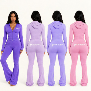 Premium Custom Women's Workout Tracksuit <b>Zipper</b> Hoodie Flare Pants <b>Leggings</b> Two Piece Sportswear Streetwear Set - Product Image 4