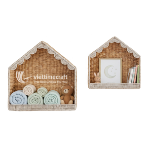 ชั้นวางของติดผนังอเนกประสงค์ทรงสี่เหลี่ยมทำจากหวายผักตบชวา ขอบสีขาว สำหรับจัดเก็บของในครัว ของเล่นเด็ก หรือของใช้ในห้องเด็กอ่อน - Product Image 1