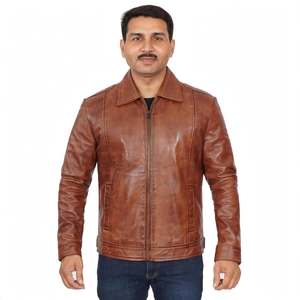 Men's <b>Brown</b> Genuine <b>Leather</b> <b>Jacket</b> Turn-Down Collar Zipper Closure Casual Style Winter Waterproof Reversible Streetwear - Product Image 4