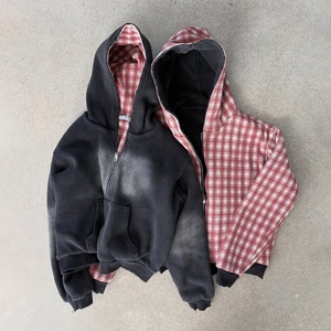 Veste zippée à carreaux pour homme, 100% coton, double couche, tricot gaufré, réversible, avec capuche, streetwear de haute qualité, veste décontractée - Product Image 1