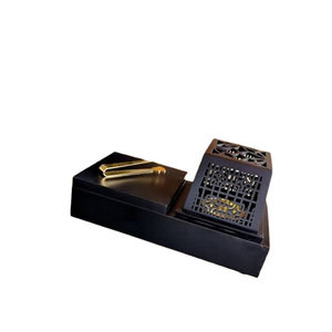Ensemble de brûleurs d'encens en bois de luxe, brûleur d'encens arabe Mubkhar Oud Bakhoor avec pinces dorées, décoration d'intérieur, porte-encens arabe Mubkhar - Product Image 1
