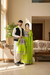 Salwar Kameez vert brodé géométrique pour femme, manches longues, longueur cheville, en rayonne, robe ethnique de mariage Inde Pakistan Printemps - Product Image 2