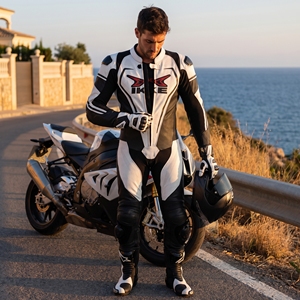 Genuine Leather <b>Summer</b> Printed Biker <b>Motorcycle</b> Racing Suit Full Sleeve Windproof Waterproof Touring with Protective Gear - Product Image 3