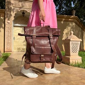 <b>Brown</b> Genuine Leather Roll Top <b>Backpack</b> Vintage Cowhide Travel Rucksack Mens College School Bag Custom LTBP-0058 - Product Image 5