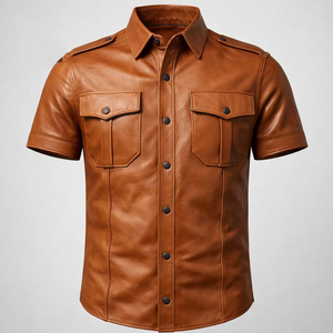 Men's PU Leather Front Logo Button Shirt Premium Short Sleeve Casual <b>Western</b> Biker Breathable Quick Dry Winter Shirt <b>Jacket</b> - Product Image 1