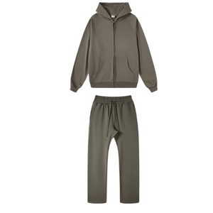Ensemble de survêtement premium en polycoton pour homme, style minimaliste, avec sweat à capuche zippé en molleton bouclette et pantalon de jogging coupe droite, couleur neutre, pour la vente en gros - Product Image 1