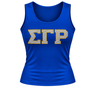 Womens Royal Blue Tank <b>Top</b> Rhinestone Greek Letter Graphic Sleeveless Scoop Neck Athletic Sports Shirt Casual Summer Activewear - Product Image 1