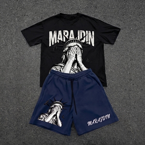Your brand Logo <b>Men's</b> Summer T-Shirt And Shorts Set Casual Cotton Graphic Print Two Piece Outfit Crew Neck Breathable - Product Image 3