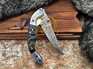 Couteau de poche pliant EDC en acier Damas personnalisé avec manche en corne de bélier véritable, OEM disponible - Product Image 4