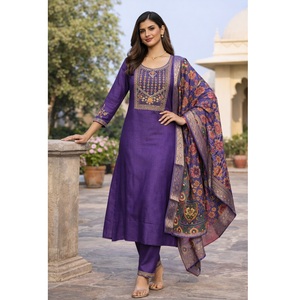 Meilleure collection de kurtis pour femmes en violet, ensemble en coton et soie à manches 3/4, entièrement cousu pour les occasions régulières et festives - Product Image 1