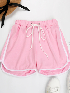 Short décontracté rose pour femme, couleur unie, taille élastique avec cordon de serrage, coupe ample, en coton tricoté respirant, style taille mi-haute - Product Image 1