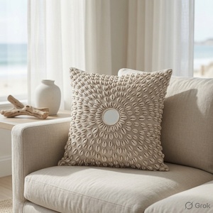 Cojín Decorativo Artesanal de Lino Ligero con Estampado Marino Cuadrado, Estilo Bohemio, Ecológico, con Diseño de Conchas Perla Costeras - Product Image 3