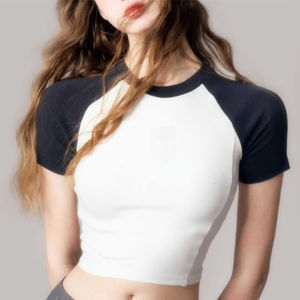 T-shirt court à manches raglan pour femme, blanc et noir, col mandarin, mignon, anti-UV, coupe ajustée, en tissu Dobby soie/coton - Product Image 4