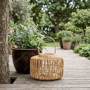 Portavelas de Ratán Estilo Tambor Costero, Linterna Colgante de Mimbre Abierto, Portavelas de Cristal para Jardín, Decoración Interior - Product Image 5