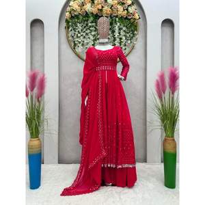 SEQUENCE DE FIL DE GEORGETTE TRAVAIL TRAVAIL SHARARA AVEC DUPATTA ROUGE - Product Image 1