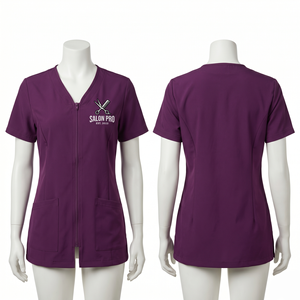 Chaqueta de Barbería para Mujer, 180 GSM, Poliéster y Spandex Premium, Color Morado, Cierre Frontal, Diseño de Paneles Laterales, Logotipo Personalizado con Bordado e Impresión - Product Image 1