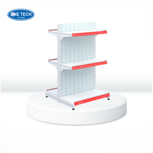 Estantería Góndola Perforada de Doble Cara de 3 Niveles, Directo de Fábrica One Tech, con Panel Perforado con Recubrimiento en Polvo, Antioxidante y Antideslizante para Supermercados - Product Image 1