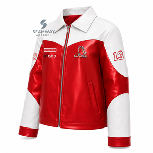 Delta | Sigma | Theta Women's PU Leather Racer <b>Jacket</b> Color Block Front Embroidered Zip-Up Biker Coat Casual Outerwear - Product Image 2
