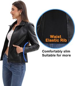 Women's Black PU Leather Moto Jacket With <b>Zipper</b> Closure Turn Down Collar Full Sleeve Autumn Windproof Style - Product Image 6
