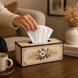 Modern Wooden Eco-friendly Tissue Box Floral Paper Holder Rattan Metal Accent Napkin Case for <b>Table</b> Home Hotel <b>Car</b> Decor - Product Image 2