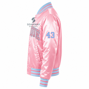 Chaqueta Universitaria Rosa de Satén para Mujer Gamma Phi Delta con Botones a Presión, Letras Griegas Bordadas, Cuello y Puños de Punto a Rayas, Ropa Universitaria - Product Image 3