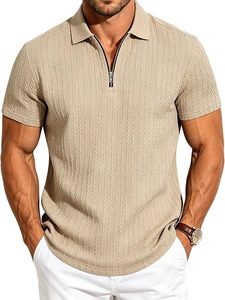 Chemises polo à col zippé pour hommes, décontractées, en maille texturée, à manches courtes, pour l'été, la plage, les vacances, extensibles, pour le golf - Product Image 6