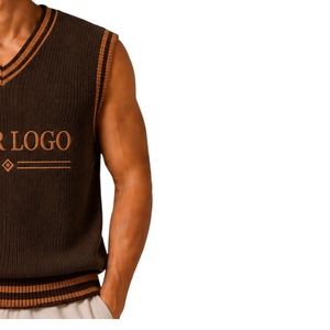 Gilet pull sans manches en tricot pour homme, marron foncé avec rayures contrastées camel, col en V, personnalisable avec logo, en laine et acrylique, OEM - Product Image 4