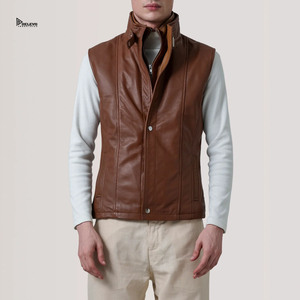 Gilet en cuir véritable marron pour homme, col montant, fermeture éclair, vêtement d'extérieur décontracté pour l'automne - Product Image 1